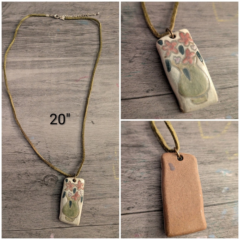 Handmade Ceramic Floral Vase Pendant Necklace Olive Green Cord Boho 20 Inch